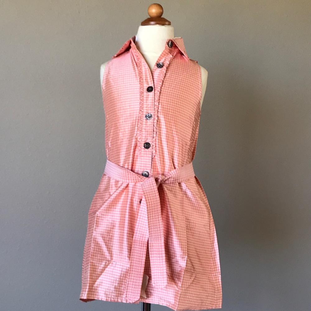 Girls Belted peach  Silk plaid dress  button front